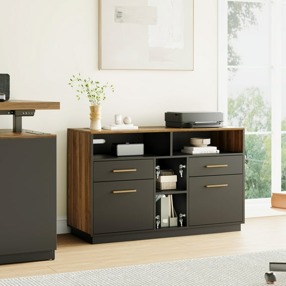 ModernMate Wood File Cabinet with Lock, Storage Cabinet with 4 Drawers for Home Office, Open Storage Cubes, Lateral Filing Cabinet for A4/Letter Files