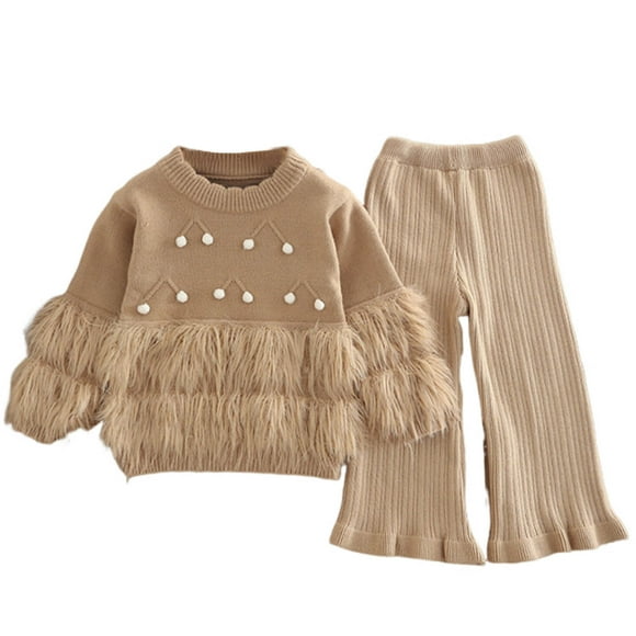 Économies d'Automne/hiver! HVOBTTY Ensemble Tricoté Doux et Tendance pour Filles, Ensemble de Chandail Tricoté d'Hiver pour Filles, Ensemble 2 Pcs pour Enfants, Haut et Pantalon Kaki, 2-3 Ans