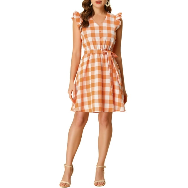 INSPIRE CHIC Robe Courte à Carreaux pour Femme, Col en V, Manches Volantées, Ceinturée, TP, Orange