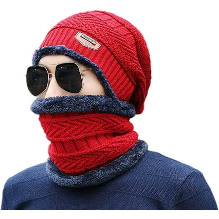 2 Pieces Winter Hat Scarf Set Warm Knit Thick Beanie Scarves Knitted Cap for Men