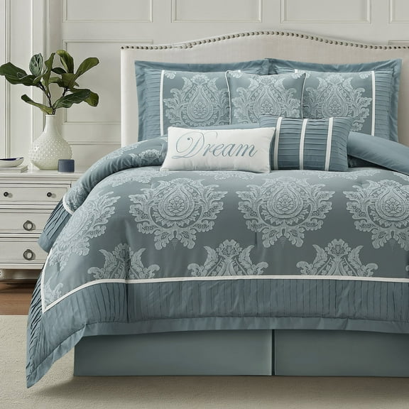 Lanco Blue Damask Patchwork Queen Size Comforter Set, 7 Piece, Jacquard with Matching Solid Piecework Bedding Set, All Season, Bedskirt, Pillows & Shams