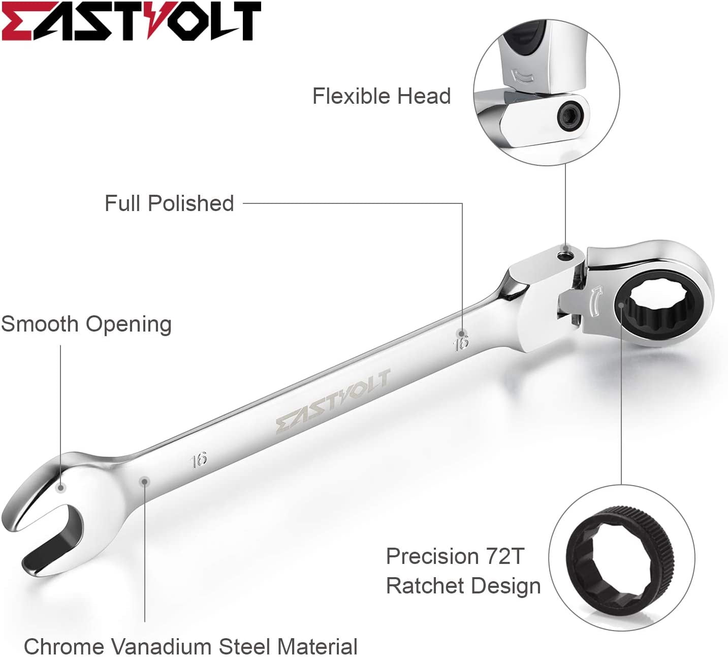 Eastvolt 12 Pieces Flex Head Ratcheting Wrench Set, Metric 8mm-19mm, Combination Ended Spanner kits, Chrome Vanadium Steel with Toolbox