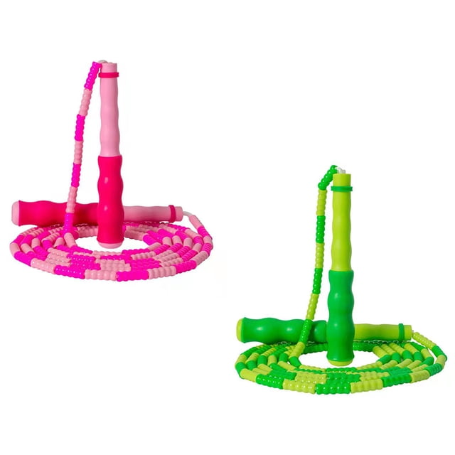 Jump Rope for Kids: 2 Pack Beaded Jump Ropes for Fitness, featuring one pink and white beaded rope with pink handles and one green and yellow beaded rope with green handles. Designed for easy adjustment to suit children or adults, these ropes promote outdoor activity and exercise. The plastic beads prevent tangling, making them ideal for fitness or as gifts.