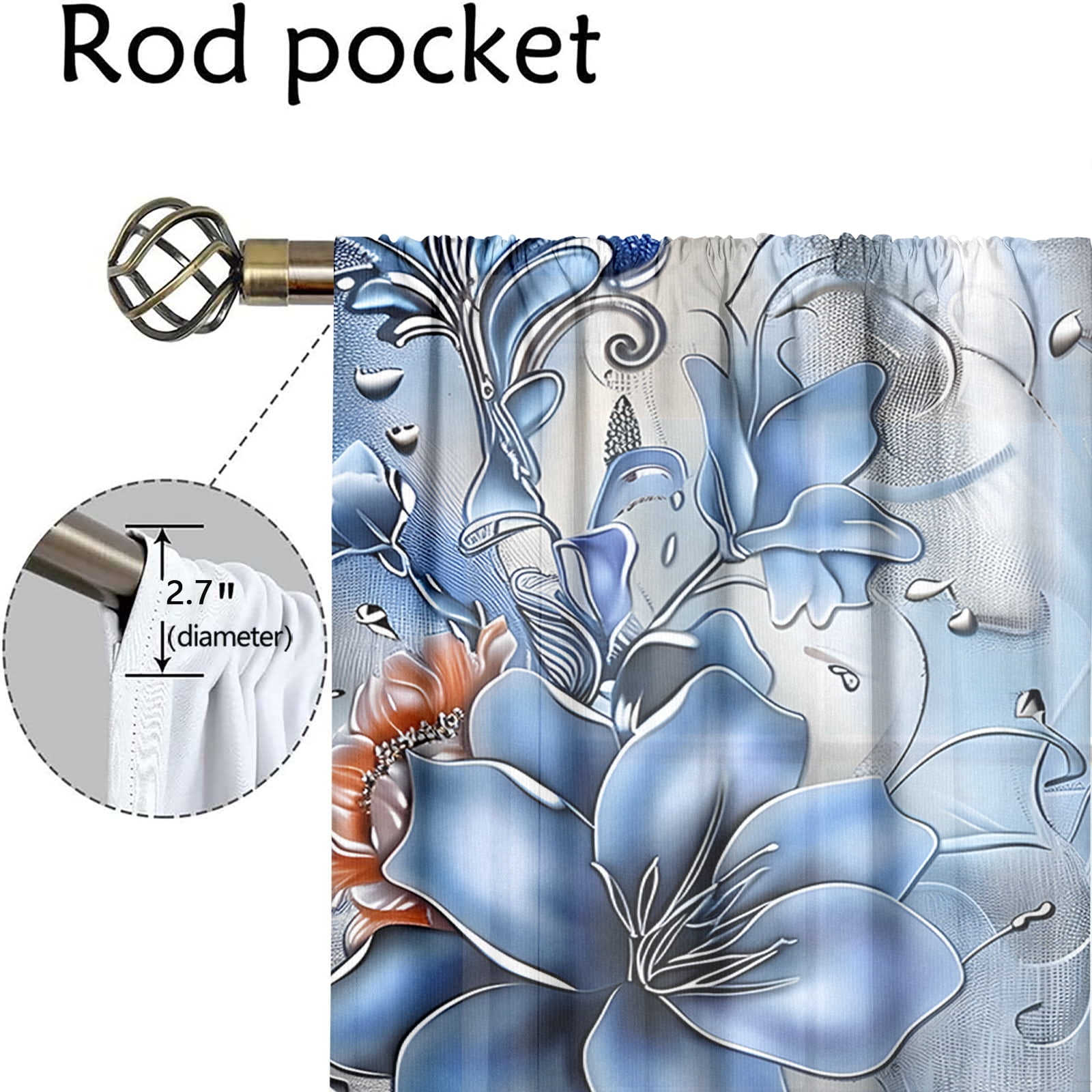 WNOOHIY Silver-Blue Lily Floral Pattern Light-filtering Curtains for Young People Bedroom Living Room,Set of 2 Panels
