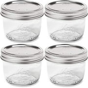 Wide Mouth Mason Jar 8 oz - (4 Pack) - Kerr Wide Mouth Mason Jars With Airtight lids and Bands + M.E.M Rubber Jar Opener Included