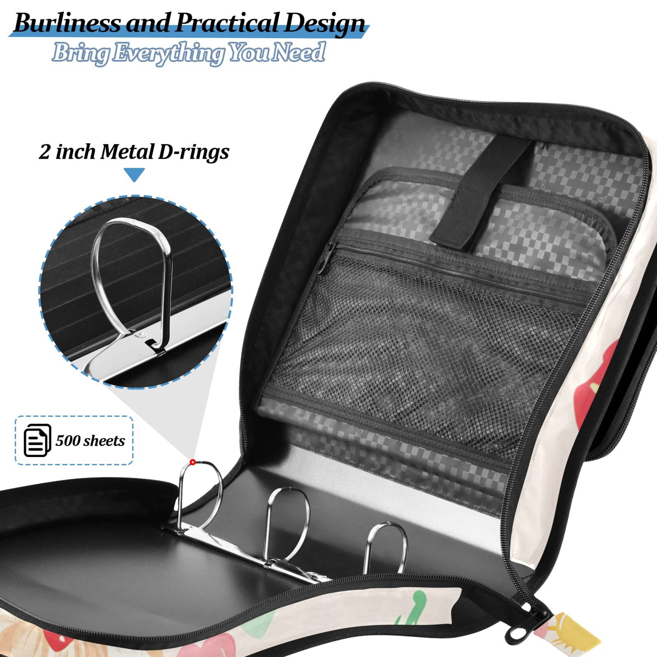 3 Ring Zipper Binder with Shoulder Strap Waterproof Trapper Keeper 2 Inch D-Ring 500 Sheets Capacity Dog Banana Strawberry Sun