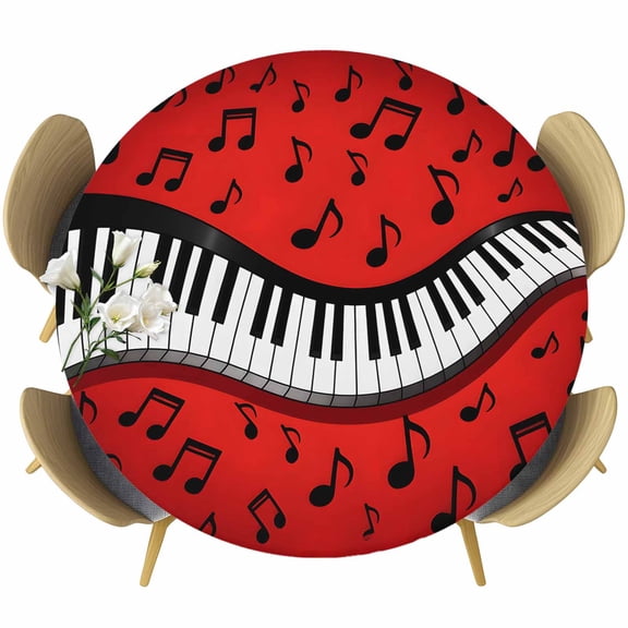 Piano Keyboards Round Tablecloth, Fitted Table Cover with Elastic for 36"-44" Round Tables, Musical Notes Vintage Red Table Cloth Outdoor Indoor Dinning Party Waterproof Tablecloths