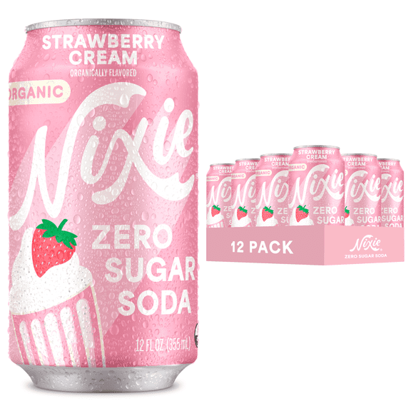 Nixie Organic Zero Sugar Soda, Strawberry Cream, Healthy Soda Pop, Non-GMO, 0 Sugar, 0 Calories, 12oz Cans (12 Pack)