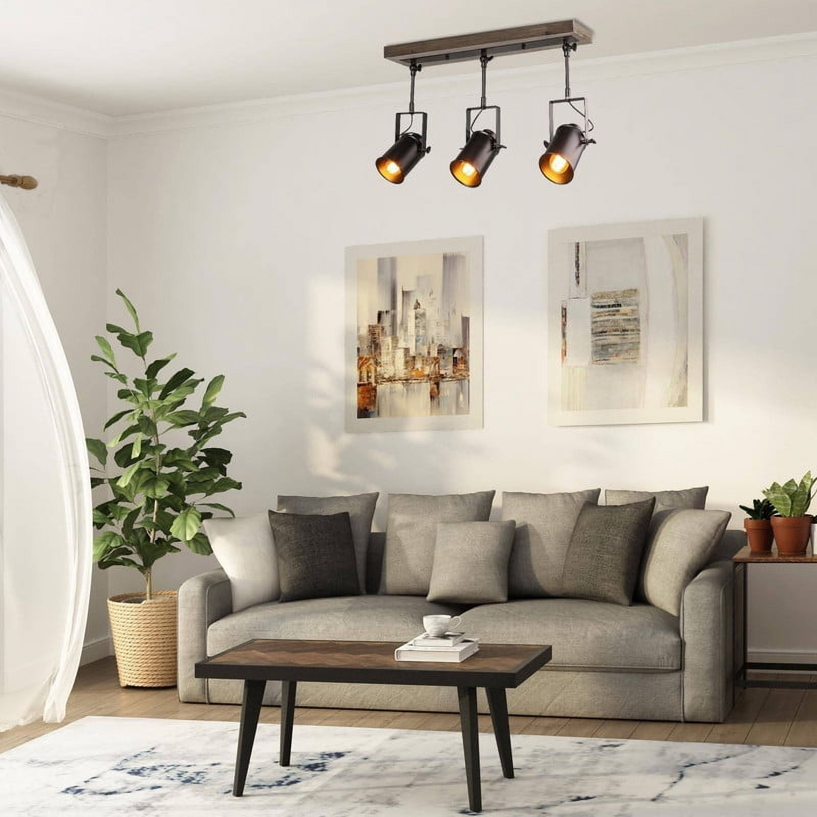 LNC 3-Light Adjustable Track Lighting with Wood Canopy, Matte Black Industrial Ceiling Fixture