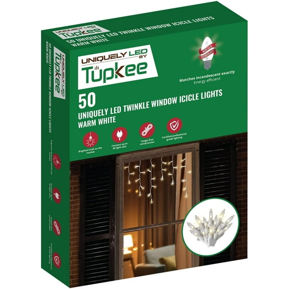 Christmas Twinkle Window Icicle Lights - Uniquely LED, Matches Incandescent Exactly - 3 Feet String 0.91m - 10 of 50 Bulbs Twinkle Random - 50 LED Warm White Bulb - Twinkling Icicle Christmas Lights