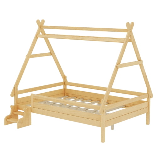 Full Size House Floor Bed with Stairs, Teepee Floor Bed with Haning Rack, Montessori Floor Bed with Fence, Wood House Bed with Slats, Natural