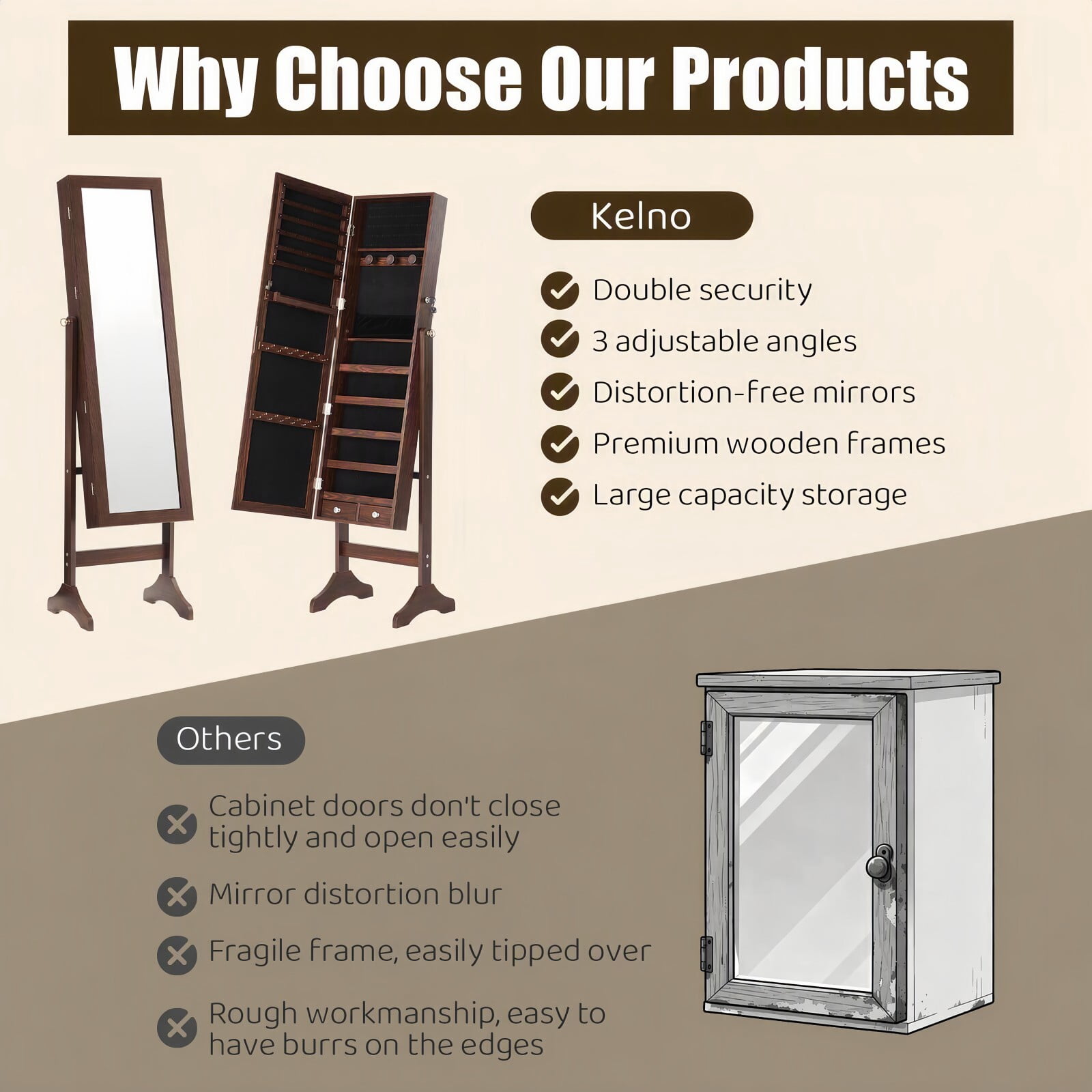 Kelno 60" Freestanding Jewelry Armoire with HD Mirror Adjustable Angles Jewelry Organizer Cabinet, Rust