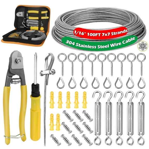 NVAAV 1/16" Stainless Steel Wire Rope Kit - 98ft Cable, M5 Turnbuckles, Organizer Bag - Ideal for String Lights, Curtains, Clotheslines, and Gardens