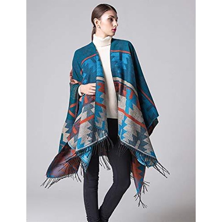StylesILove Women Aztec Print Fringe Knitted Open Front Cape Cardigan Cozy Wrap Jacket for Fall and Winter - Walmart.com