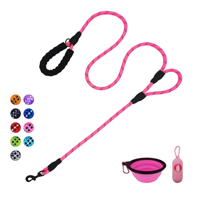 VOZRELS Dog Leash Heavy Duty 6ft, Double Handle Dog Leash with Padded Handle for Traffic Control, Reflective Rope Leashes for Large and Medium Dogs Control Safety Training at Night (Pink)
