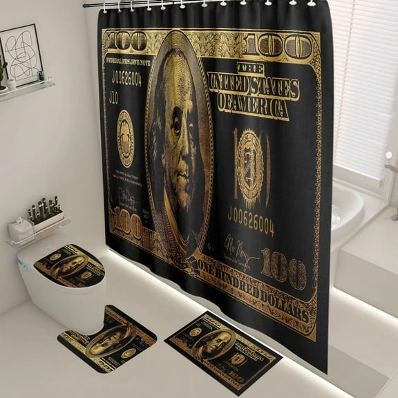 4PCS/Set Money Bathroom Set Shower Curtain set for Bathroom,Black Gold Hundred US Dollar Bills Cash Benjamin Franklin Bathroom Decor, Waterproof Fabric Bath Curtain,Non-Slip Bath Rugs Toilet Mats