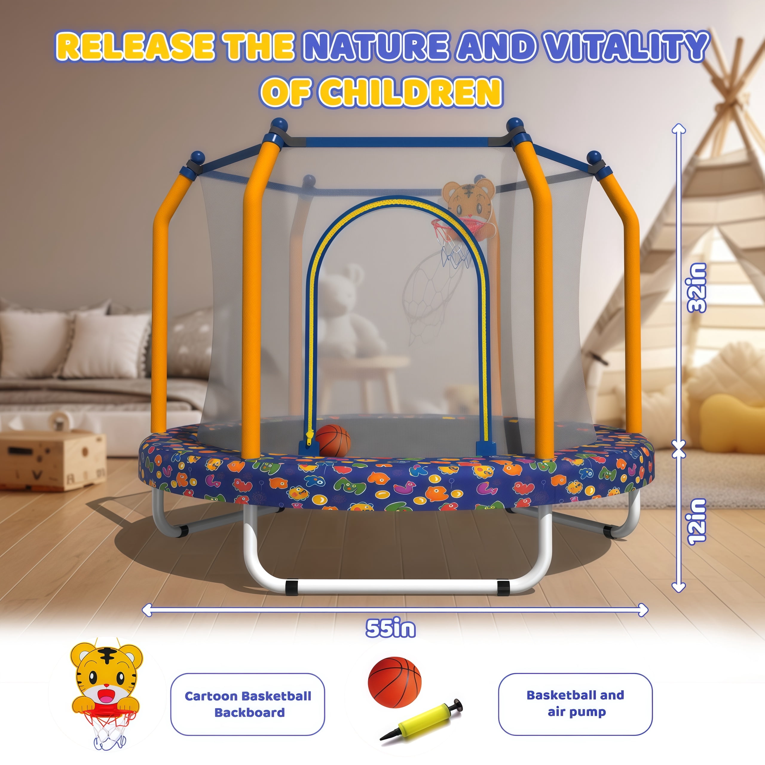 55 inch Round Kids Trampoline, Bouncing Trampoline with Safety Enclosure Net, Basketball Hoop, Capacity for Indoor & Outdoor Small Toddler Trampoline,Blue Marine
