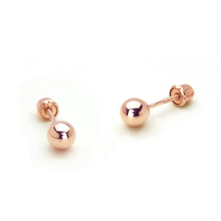14k Rose Gold 3mm Plain Hollow Gold Ball Children Screw Back Baby Girls Earrings