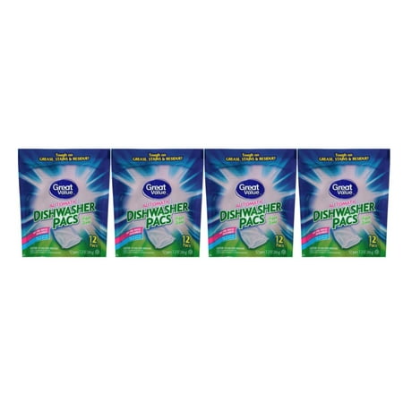 (4 Pack) Great Value Automatic Dishwasher Pacs, Fresh, 12 (Best Value Dishwasher Tablets)