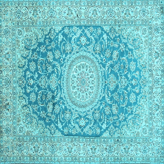 Ahgly Company Machine Washable Indoor Square Medallion Light Blue Traditional Area Rugs, 5' Square