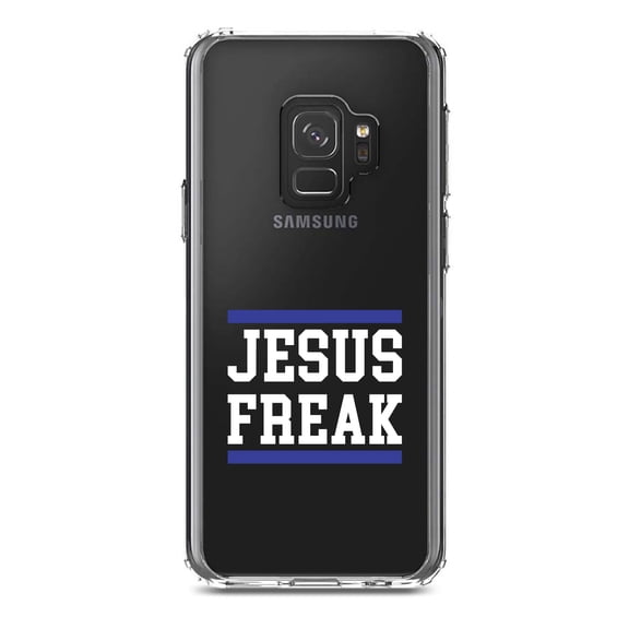 DistinctInk Clear Shockproof Hybrid Case for Samsung Galaxy S9 (5.8" Screen) - TPU Bumper Acrylic Back Tempered Glass Screen Protector - Jesus Freak White Blue