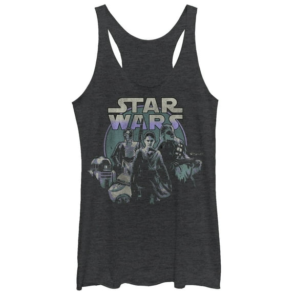 Women's Star Wars The Force Awakens Rey and Droids Racerback Tank Top Black Heather Medium