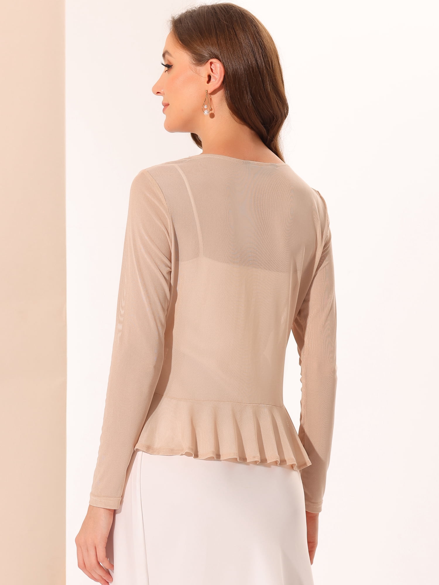 DARING DIVA Women's Ruffle Mesh Shrug Long Sleeves Self Tie Casual Bolero Cardigan M Khaki
