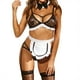 thumbnail image 1 of Conjunto de lencería de encaje seductor con sujetador negro con espalda hueca, delantal con volantes, medias hasta la rodilla y tanga, talla S, 1 of 6