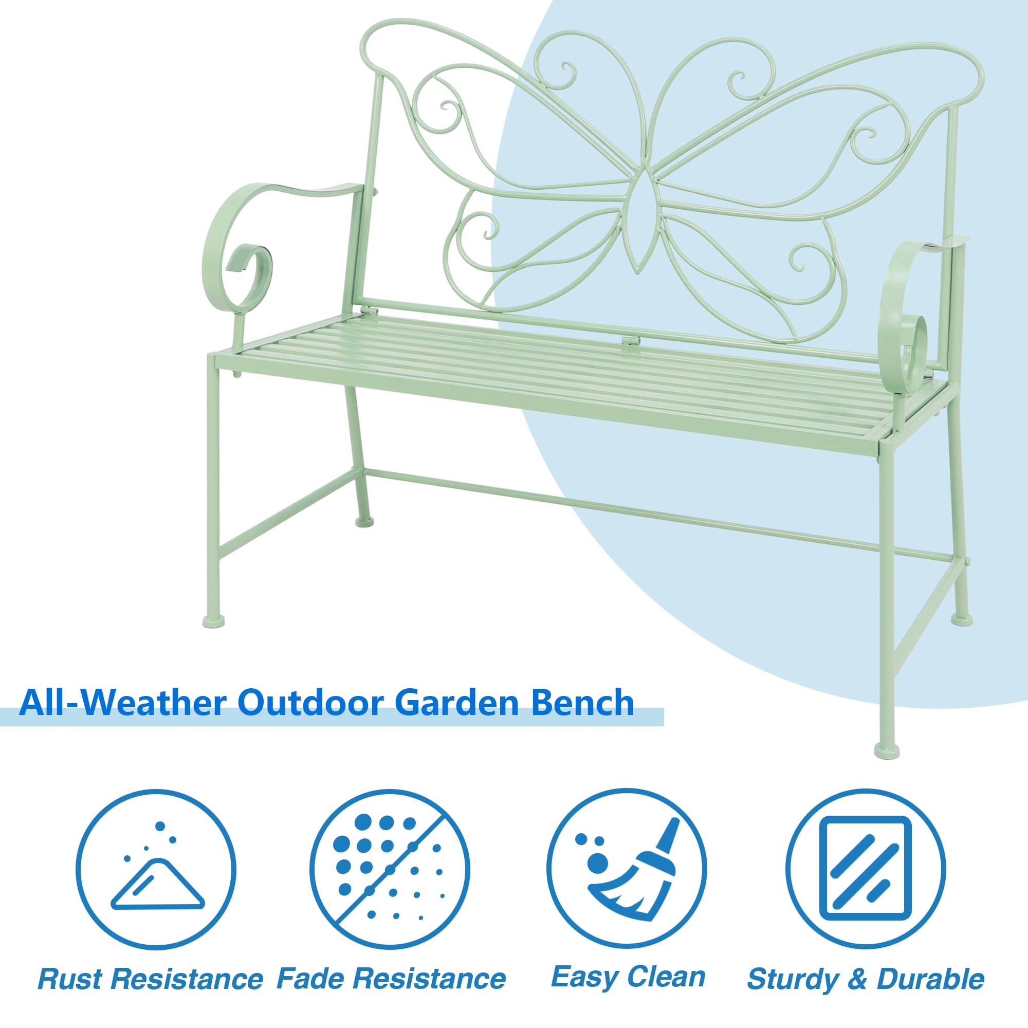 Abble 42" Outdoor Bench Metal Butterfly Design Patio Garden Bench for Porch Yard Lawn Patio Bench,  Green