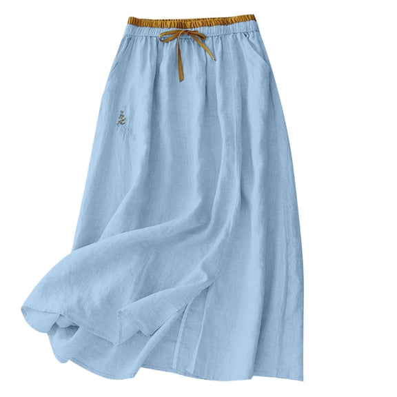 Women's Embroidery Cotton Linen Midi Skirts A Line Flowy Swing Elastic Waist Bohemian Skirt Casual Beach Party Skirt Purple L