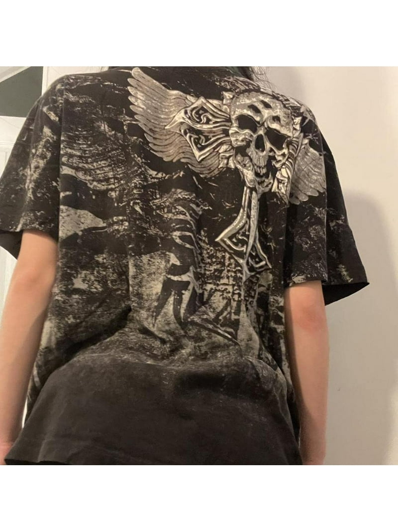トップス Y2K fairy grunge scull border T-shirt Women Y2K Fairy Grunge Short Sleeve Shirt Top Vintage Skull