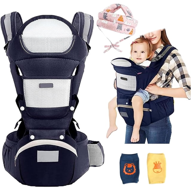 Cangurera para Bebé + Protector de Cabeza + 2 Pares Rodilleras – Mochila Portabebé Ergonómica con Asiento de Cadera, Compartimentos para Comodidad – Multincional, Transpirable, Soporta Hasta 30 kg