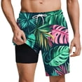 thumbnail image 2 of UVEASISHA Vacation Shorts with Liner for Men Colorful Tropical Leaf Print Beach Shorts Drawstring Casual Beachwear Shorts Loose Swim Trunks for Summer Pool Swim Green XL, 2 of 8