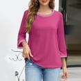 thumbnail image 4 of Xixinqiwan Women Tops,Womens 3/4 Sleeve T Shirts Round Neck Solid Shirts Cute Fit Summer Casual Basic Tee Tops Hot Pink S, 4 of 5