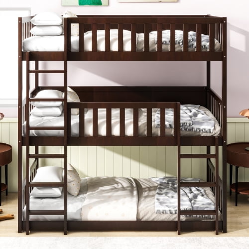 American Design Triple Bunk Bed Twin Over Twin Over Twin Rubber Wood Espresso Detachable with Ladders Guardrails for Bedroom