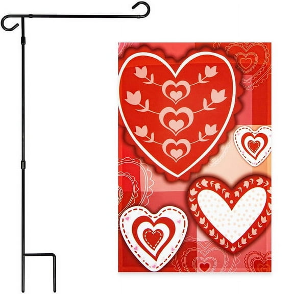 G128 Combo Pack: Garden Flag Stand Black 36x16IN & Garden Flag Patchwork Hearts 12x18IN