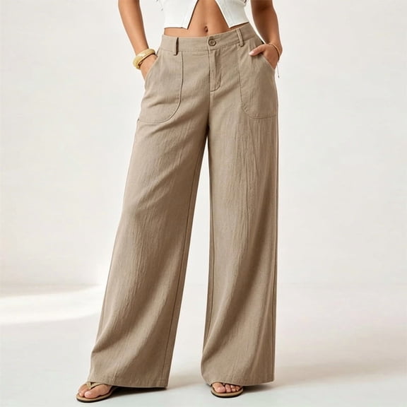 Morttic Women's Solid Color Loose Wide Leg Pants – High Waist Casual Trousers with Pockets for Office & Everyday Khaki,XS