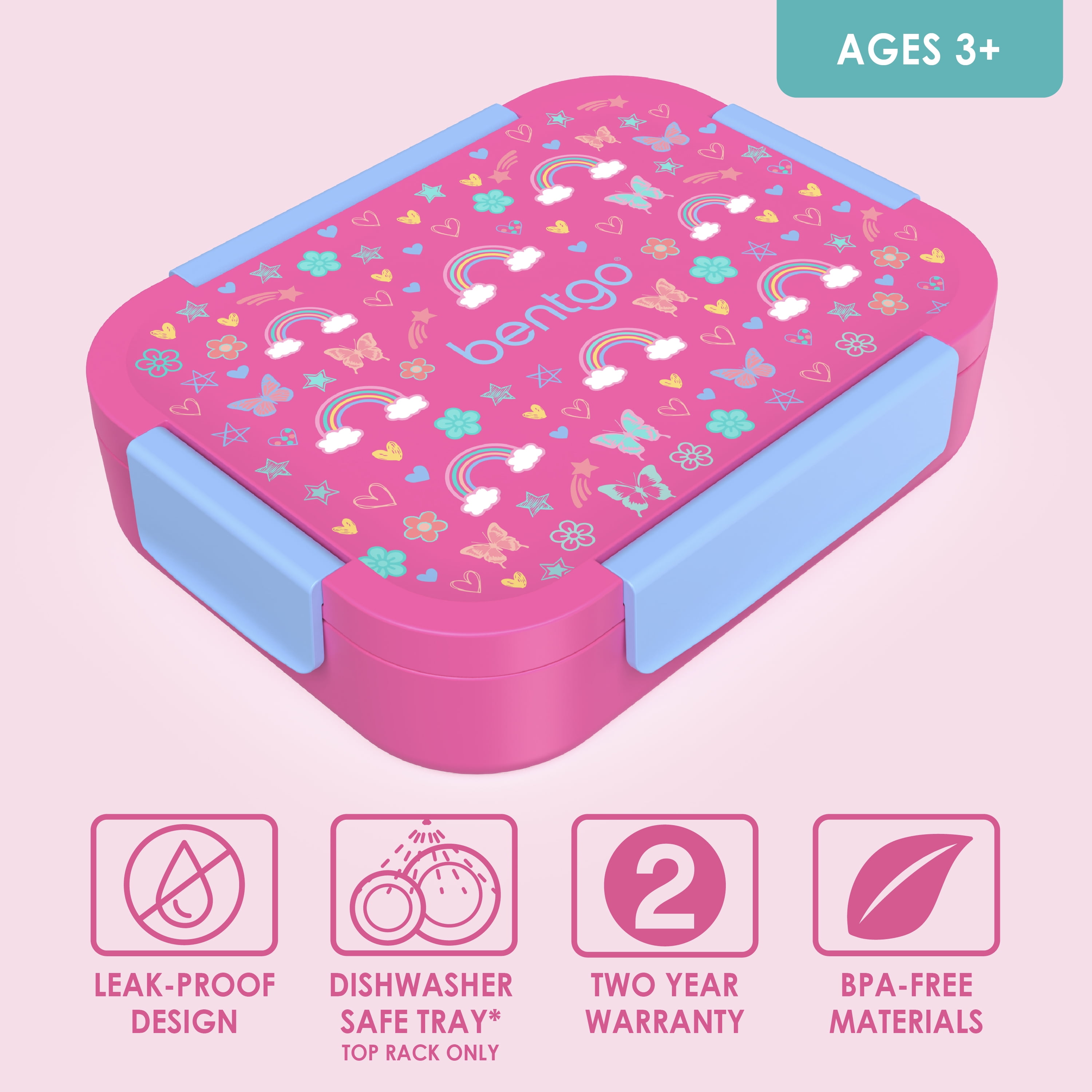 Bentgo Kids Snap & Go Leak-Proof Lunch Box - Rainbows and Butterflies, Leak-Proof Bento Lunch Box for Kids, Durable, BPA-Free, Dishwasher Safe, Perfect for School Lunches