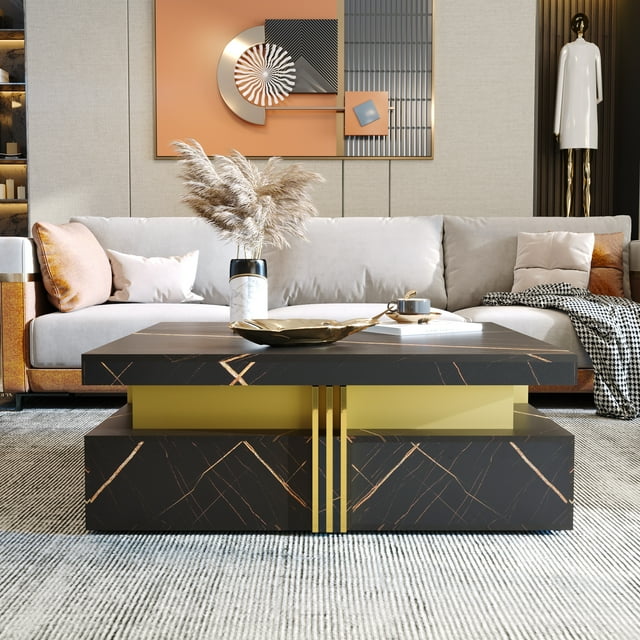 Homy Casa Table Basse Carrée Moderne Noire de 43,3 Pouces avec Rangement et 4 Tiroirs