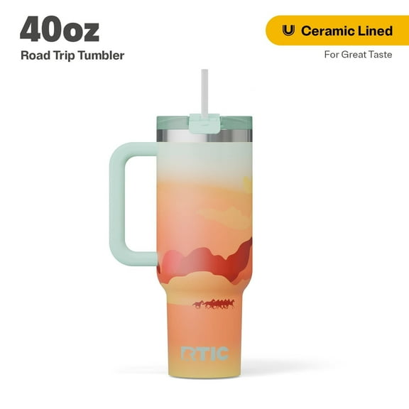 RTIC 40 oz Ceramic Lined Road Trip Tumbler, Leak-Resistant Straw Lid, Desert Sunset