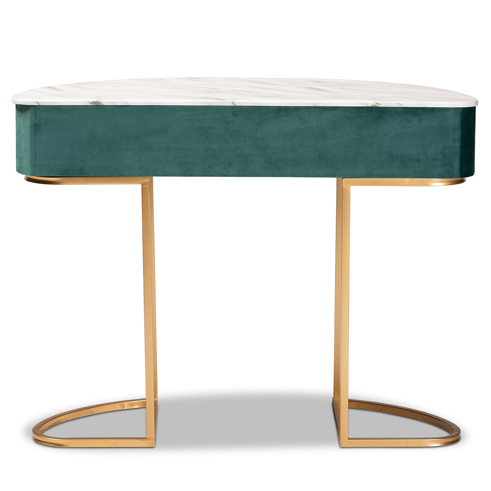 Baxton Studio Beale Luxe and Glam Green Velvet Upholstered and Brushed Gold Finished 1-Drawer Console Table with Faux Marble Tabletop