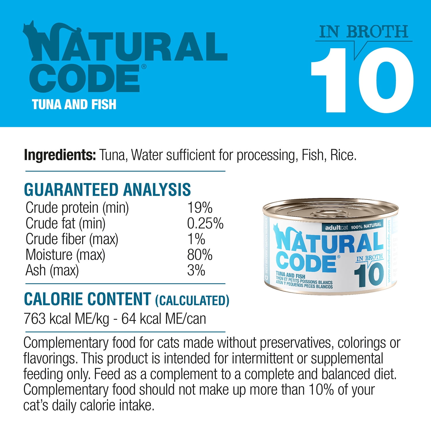 Natural Code - Wet Cat Food, Limited Ingredient Cat Food, High-Protein, Non-GMO, No Artificial Additives, Made In Italy, Tuna and Whitebait in Broth for Adult Cats (3 oz, 24 Pack)