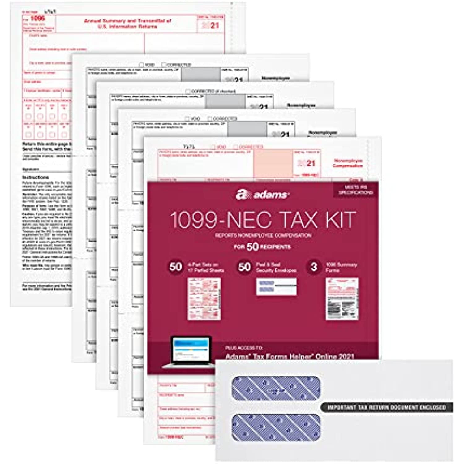 Adams 1099 NEC Forms 2021, Tax Kit for 50 Recipients, 4 Part 1099 Forms