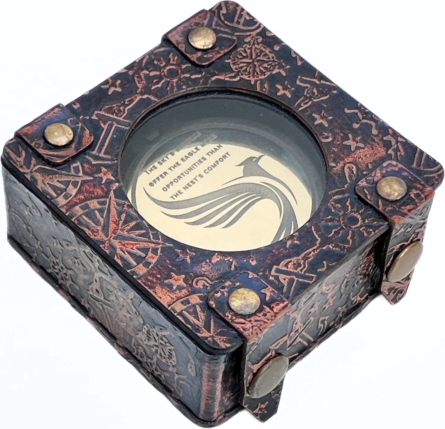 Shiny Brass Pocket Compass Engraved Flying Eagle with Quotes for Camping Hiking Travelling Magnetic Navigational Instrument Directional Device Collectible Item