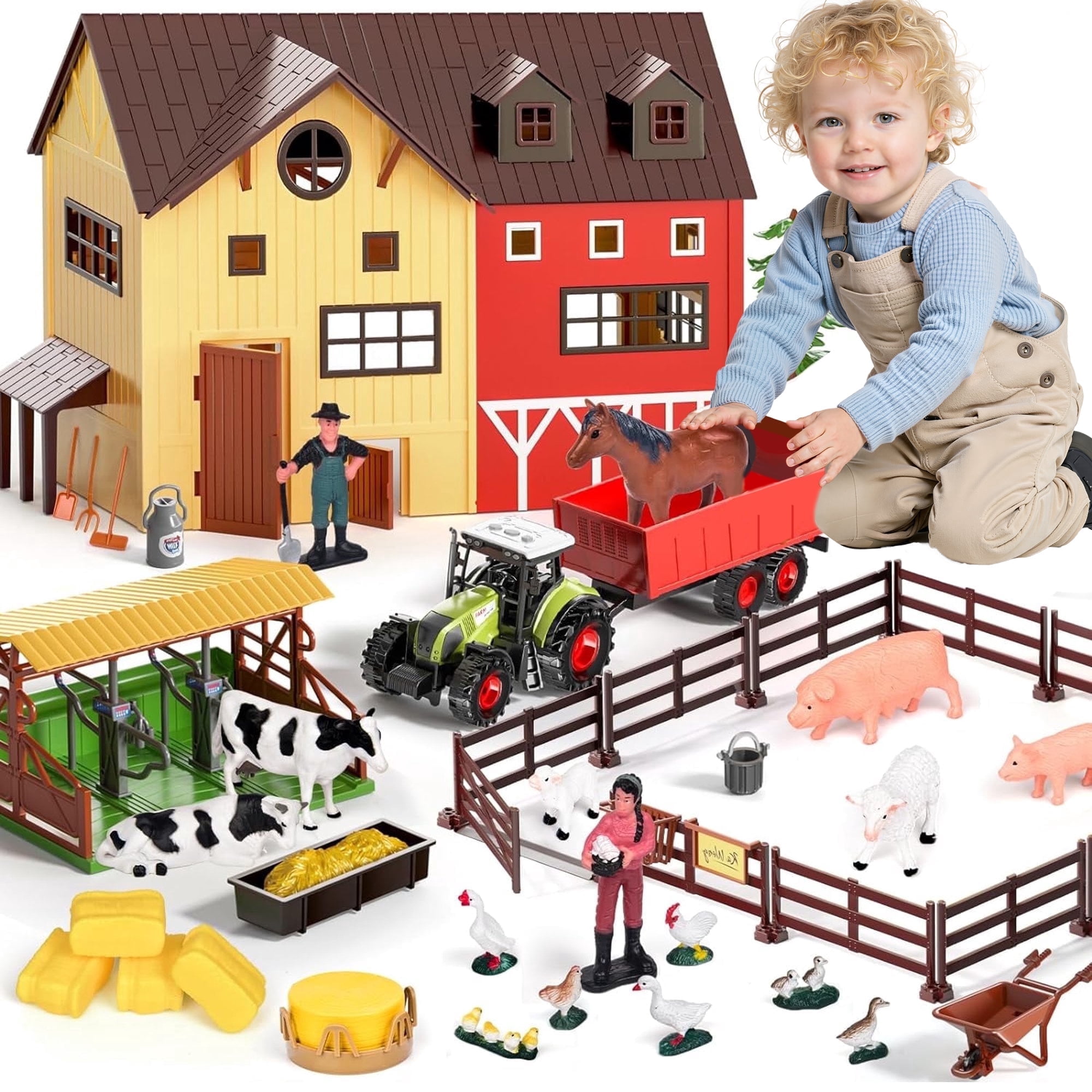 LINXUXIE Farm Animals Barn House Toys, Farm Figures Play Set for Kids & Toddlers, Birthday Eastert Gifts for 1-3 3-5 5-8 Year Old