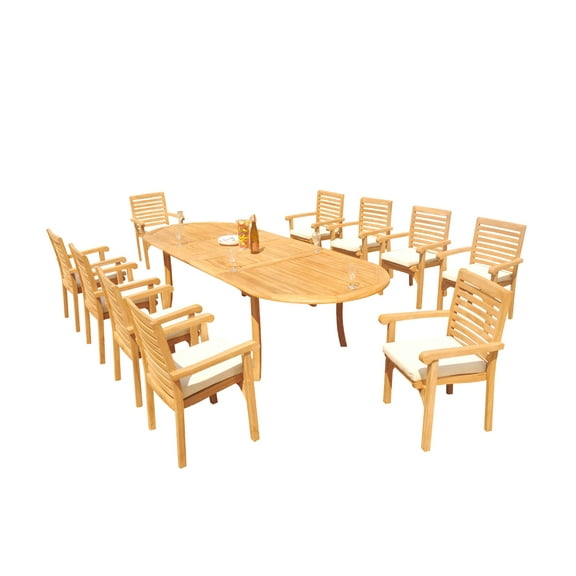 Grade-A Teak Dining Set: 10 Seater 11 Pc: 118" Oval Table And 10 Hari Stacking Arm Chairs Outdoor Patio WholesaleTeak #51HR2611