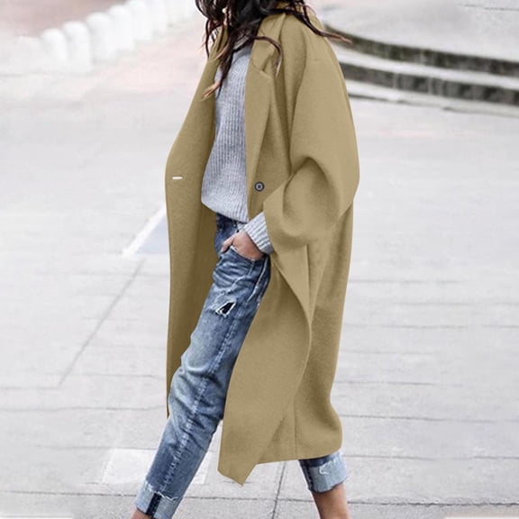 TKLPEHG Oversized Peacoat for Women Drop Shoulder Notch Lapel Jacket with Pockets Thermal Fall Winter Trendy Trench Coat (Khaki,XL)