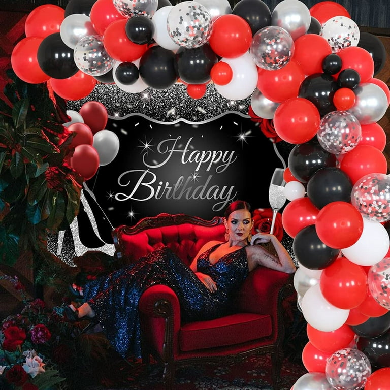 Red Black and Silver Party Decorations for Women Birthday Party Supplies Red  Black and Silver Balloon Garland Silver Glitter Happy Birthday Backdrop  High Heels Champagne Glass Background 