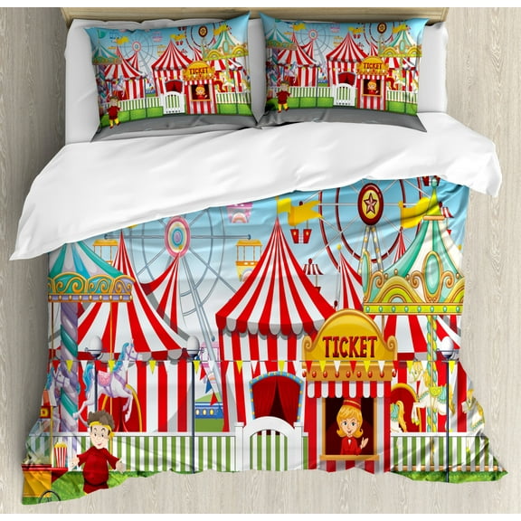 Circus King Size Duvet Cover Set, Carnival with Many Rides and Shops Illustration Landscape and Cloudy Sky View Print, Decorative 3 Piece Bedding Set with 2 Pillow Shams, Multicolor, by Ambesonne