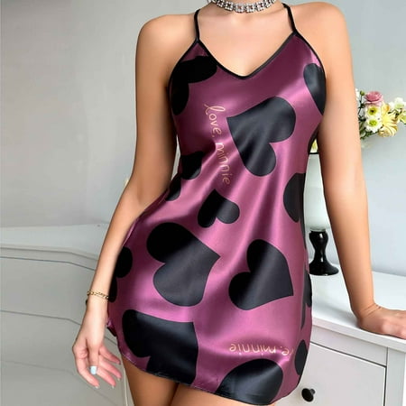 Deals of The Day Clearance Abomasnow Women s Satin Nightgown Babydoll Lingerie Dress Sexy Adjustable Spaghetti Strap Sleepwear Print Mini Slip Chemise Nightwear